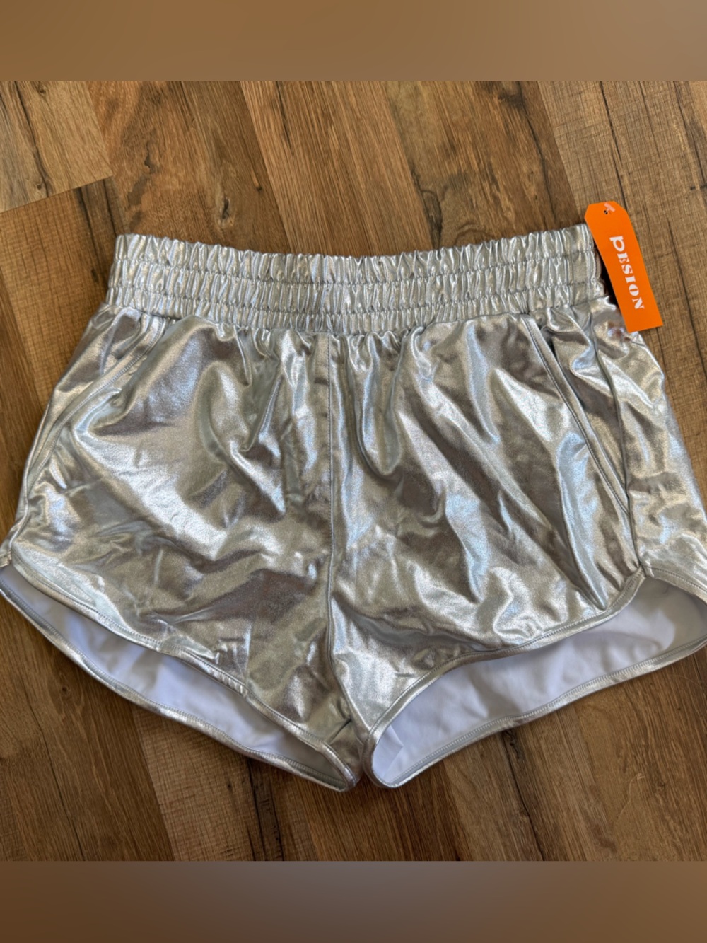 NWT PESION Metallic Silver Shiny Shorts - Sparkly Rave/Disco Hot Pants - Size S